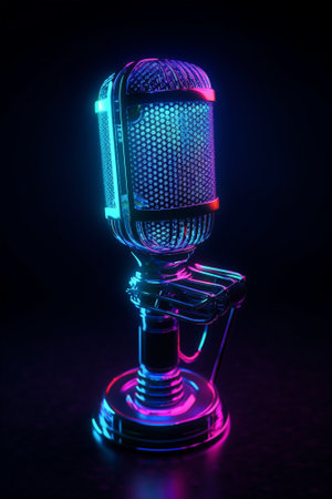 Retro professional microphone in neon futuristic style. Podcast background. AI generatedの素材