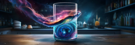 Bright colourful vividly swirling cocktail in long glass. Cosmic, galaxy cocktail. AI generatedの素材