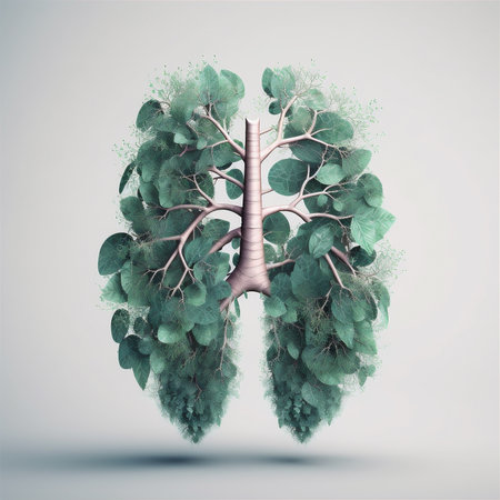 Concept of human lungs made with green leaves. Fresh air, healthy lifestyle background. AI generatedの素材