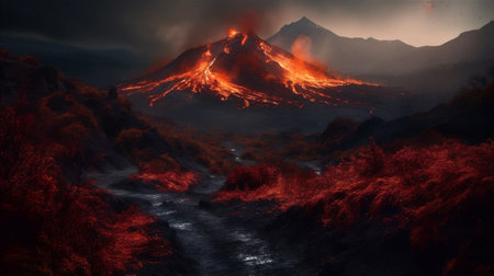 Volcano dark fantasy mountain landscape with fire in hills. AI generatedの素材