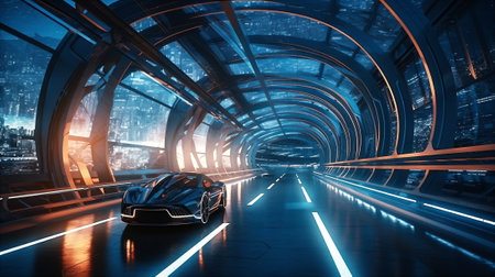 Futuristic indoor road with roof, sci-fi futuristic background. AI generatedの素材
