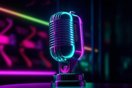 Retro professional microphone in neon futuristic style. AI generated.の素材