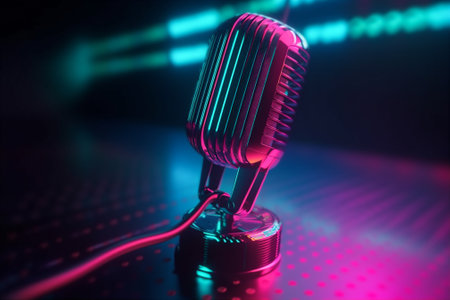 Retro professional microphone in neon futuristic style. AI generated.の素材