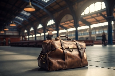 Traveller leather bag, luggage at train station with blurred background. AI generated.の素材