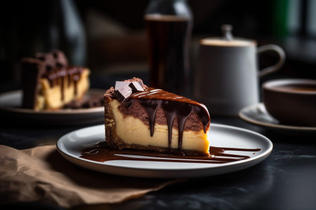 Crispy pastry cheesecake with chocolate. Dessert background. Generative AI.の素材