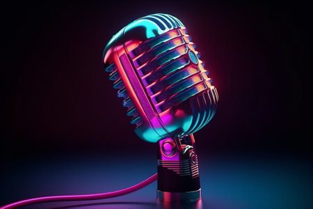 Retro professional microphone in neon futuristic style. AI generated.の素材