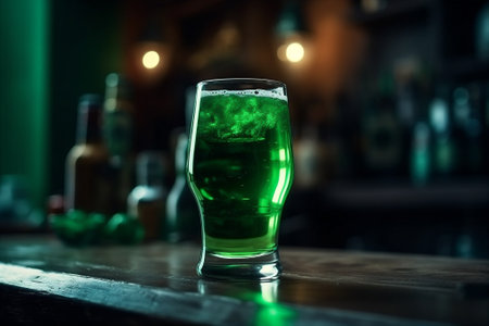 Close up festive St. Patrick green beer in blurred bar interior background. St. Patrick holiday concept. Generative AI.の素材