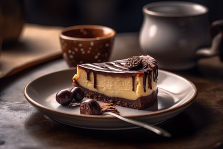 Crispy pastry cheesecake with chocolate. Dessert background. Generative AI.の素材