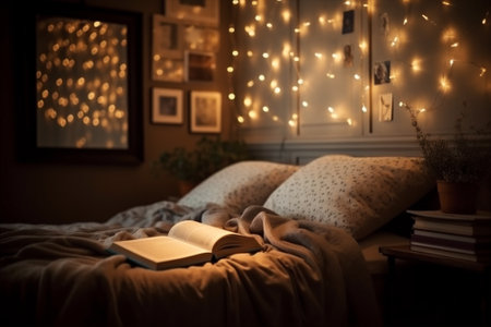 Cozy bedroom at night with open book, pillows and blurred garlands. Generative AIの素材