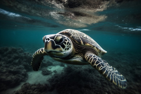 Close Up portrait of happy sea turtle swimming underwater. AI generated.の素材