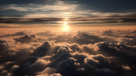 Sunrise seen from the air, dramatic view. Sky, heaven image. Generative AI.の素材