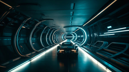 Futuristic indoor road with roof, sci-fi futuristic background. AI generated.の素材