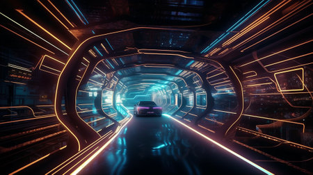 Futuristic indoor road with roof, sci-fi futuristic background. AI generated.の素材