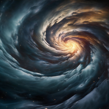 Abstract colourful spiral galaxy in space, interstellar nebula, realistic swirling vortex. AI generatedの素材