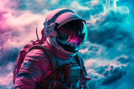 Man in space suit inside softy glowing pink and blue galaxy. Surreal, futuristic, sci fi, cosmic background. Generative AIの素材