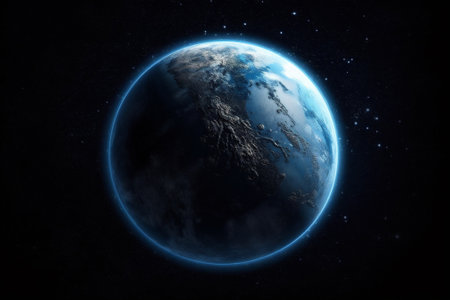 Blue planet, Earth in cosmic space. Galaxy, cosmos, space background. Generative AIの素材