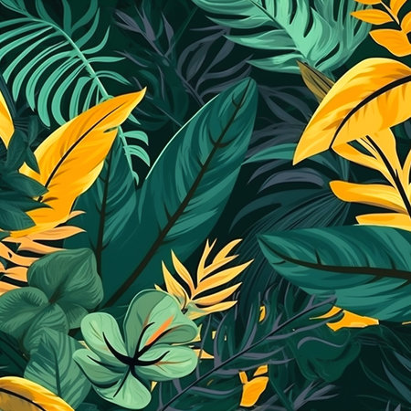 Exotic tropical leaves background. Green and gold frame. Generative AIの素材