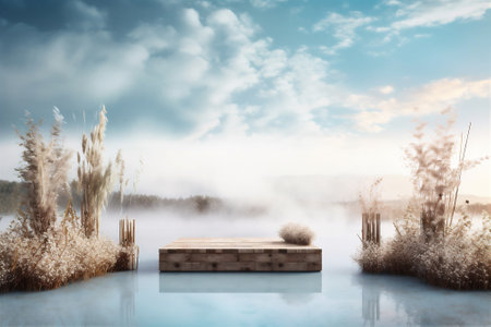 Natural wooden podium background for product display presentation on water surface. Beauty, spa, wellness backdrop. Generative AIの素材