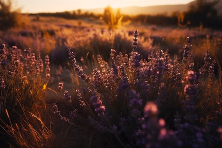 Lavender field with magic golden sunset light. Beautiful landscape background. Generative AIの素材