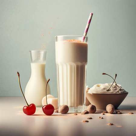 Delicious vanilla milkshake served in a tall glass, topped with whipped cream. AI generatedの素材