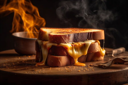 Tasty hot sliced bread sandwich with melted cheese on fire. AI generatedの素材