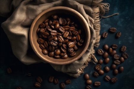 Top view of cup of coffee with coffee beans on desk with coffee beans and sack. Coffee background. AI generatedの素材