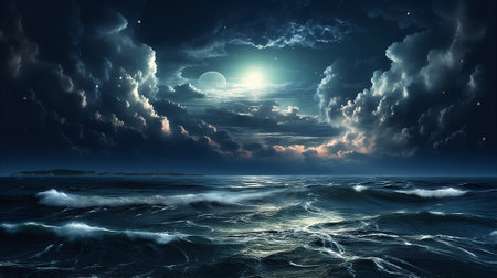 Cloudy night ocean landscape with the Moon and stars. AI generatedの素材