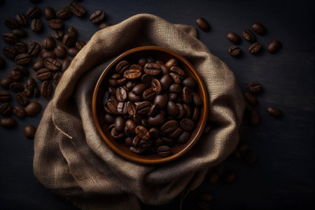 Top view of cup of coffee with coffee beans on desk with coffee beans and sack. Coffee background. AI generatedの素材