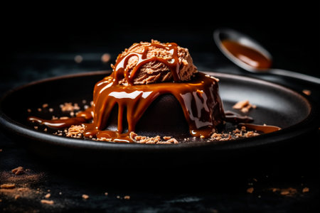 Close up view of scoop of rich and creamy chocolate ice cream with dark chocolate topping. AI generatedの素材