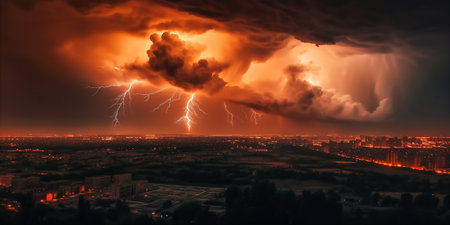 Breathtaking view of thunderstorm at sunset with bolts of lightning crackle through the air. AI generatedの素材