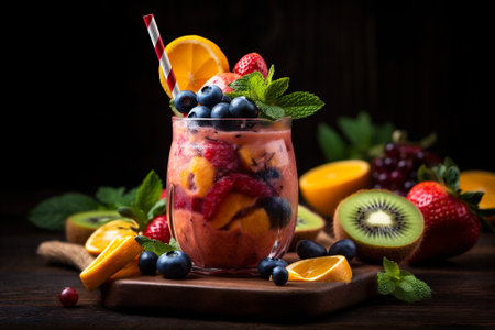 Colorful and appetising shot of fresh fruits and berries juicy smoothie. Healthy food background. AI generatedの素材