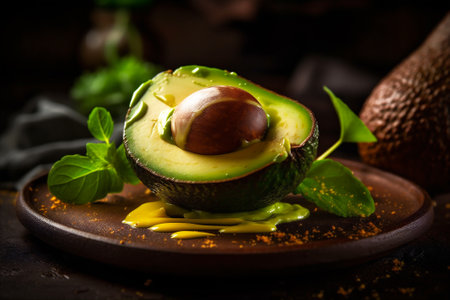 Close-up view of a perfectly ripe avocado, with its smooth green skin and creamy, buttery fresh flesh. AI generatedの素材