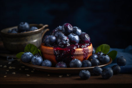 Freshly Picked Bilberries. Close-up view of a bowl filled with vibrant bilberries. AI generatedの素材