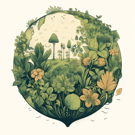 Illustration with green earth globe in center surrounded green trees, plants. Earth day, world environment day concept background. AI generatedの素材
