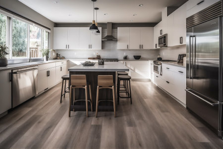 Chic modern kitchen with stainless steel appliances, white cabins. Kitchen interior design. AI generatedの素材