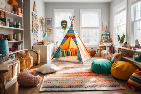 Colourful playroom with wigwam, hut, teepee bean bag chair, desk, drawings on the wall. AI generatedの素材