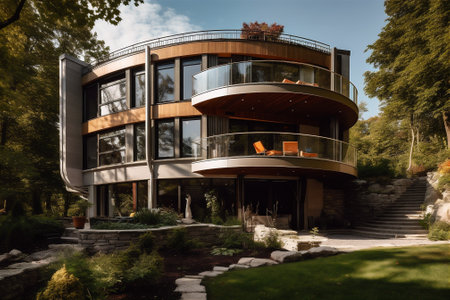 Multi level open concept modern hose with curved exterior. AI generatedの素材