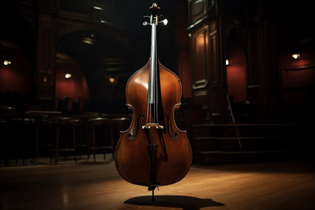 Serenade of Strings: Double Bass in a Majestic Concert Hall. Tall contrabass on the stage with wooden body gleaming under the spotlight. Music background. AI generatedの素材