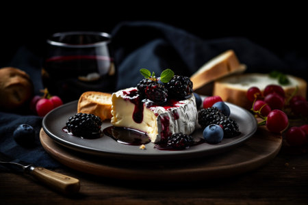 Cheese plate with soft cheese, fruit sauce and red wine. AI generatedの素材