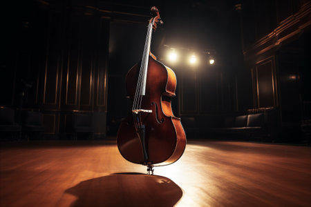 Serenade of Strings: Double Bass in a Majestic Concert Hall. Tall contrabass on the stage with wooden body gleaming under the spotlight. Music background. AI generatedの素材