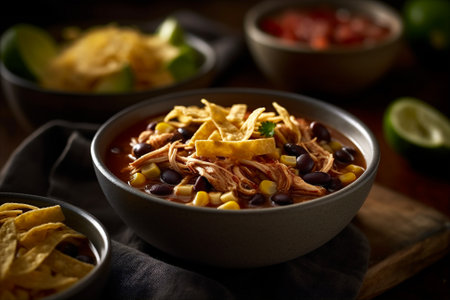 Bowl of chicken tortilla soup featuring tender shredded cheese. AI generatedの素材