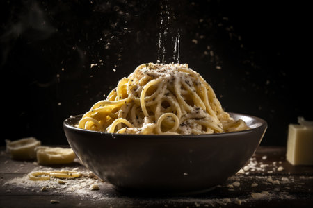 Pasta carbonara with melted cheese. AI generatedの素材