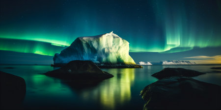 Serene landscape with iceberg floating in calm sea, ocean with aurora on background. Polar seascape. AI generatedの素材