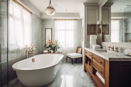 Luxurious bathroom with marble countertop, soaking tubs, bath, shower. AI generatedの素材
