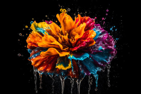 Colourful splash dripping water drops, paint on multicoloured flowers, abstract floral background. AI generatedの素材