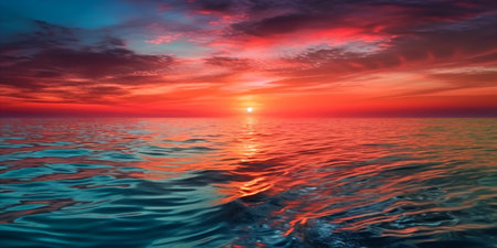 Breathtaking view of the colourful sunset over calm ocean. AI generatedの素材