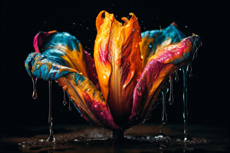 Colourful splash dripping water drops, paint on multicoloured flowers, abstract floral background. AI generatedの素材