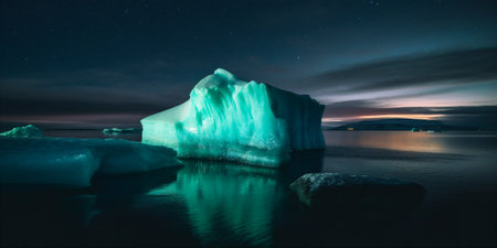 Serene landscape with iceberg floating in calm sea, ocean with aurora on background. Polar seascape. AI generatedの素材
