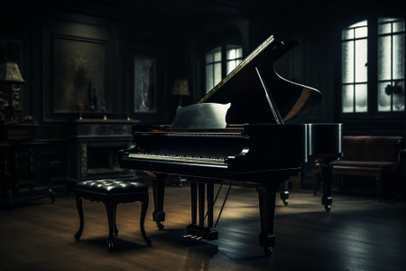 Grand piano in dark room with only dim light. Vintage music background. AI generatedの素材