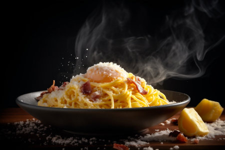 Close up view of steaming bowl of spaghetti carbonara with egg yolk, parmesan, bacon. AI generatedの素材